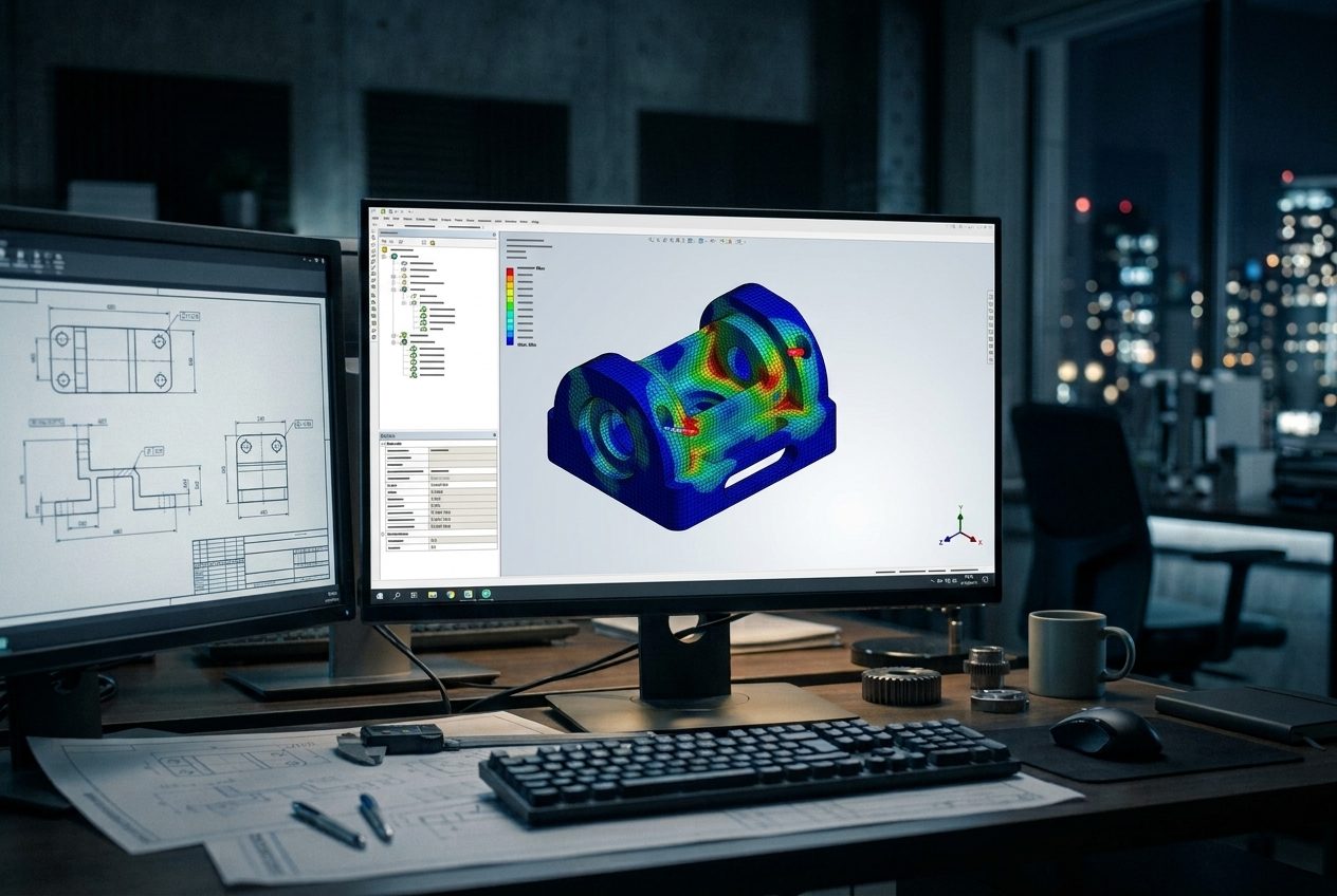 Finite element stress result on a machined part, shown on a workstation monitor