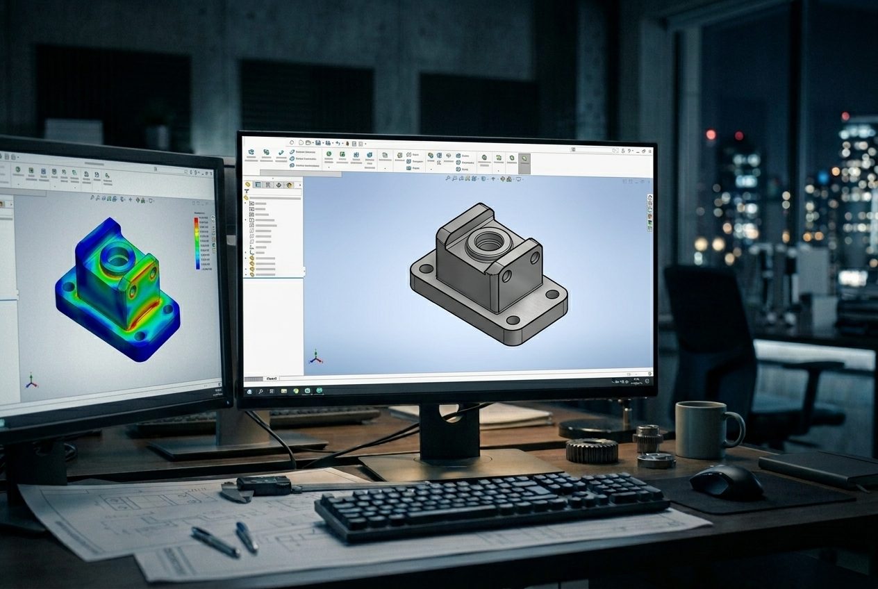 Workstation with a 3D CAD model and its stress analysis side by side
